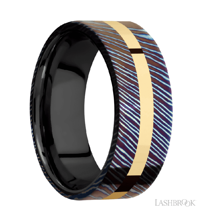 8 mm wide/Flat/Titanium Damascus band with one 2 mm Centered inlay of 14K Yellow Gold also featuring a Zirconium sleeve.