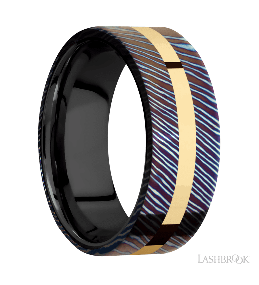 8 mm wide/Flat/Titanium Damascus band with one 2 mm Centered inlay of 14K Yellow Gold also featuring a Zirconium sleeve.