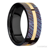 8 mm wide/Flat/Titanium Damascus band with one 2 mm Centered inlay of 14K Yellow Gold also featuring a Zirconium sleeve.