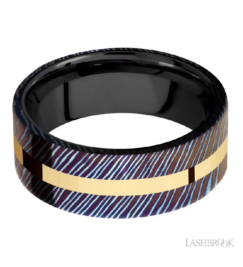 8 mm wide/Flat/Titanium Damascus band with one 2 mm Centered inlay of 14K Yellow Gold also featuring a Zirconium sleeve.