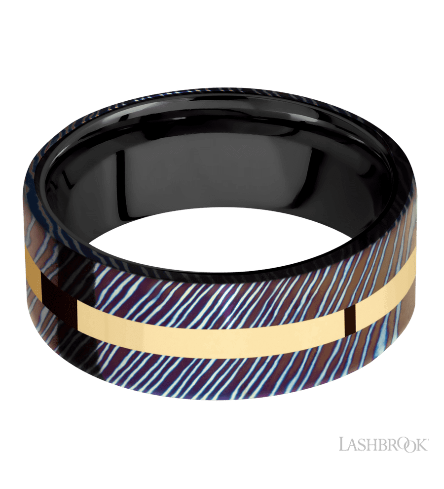 8 mm wide/Flat/Titanium Damascus band with one 2 mm Centered inlay of 14K Yellow Gold also featuring a Zirconium sleeve.
