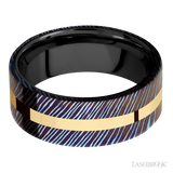 8 mm wide/Flat/Titanium Damascus band with one 2 mm Centered inlay of 14K Yellow Gold also featuring a Zirconium sleeve.