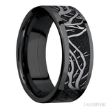 8 mm wide/Flat/Zirconium band with one 6 mm Centered inlay of Tantalum with a laser carved Branches pattern.