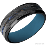 7 mm wide/Beveled/Zirconium band featuring inlays of Forged Carbon Fiber and Blue Tiger Eye also featuring a Royal Blue sleeve.
