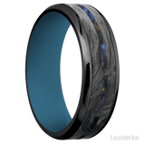 7 mm wide/Beveled/Zirconium band featuring inlays of Forged Carbon Fiber and Blue Tiger Eye also featuring a Royal Blue sleeve.