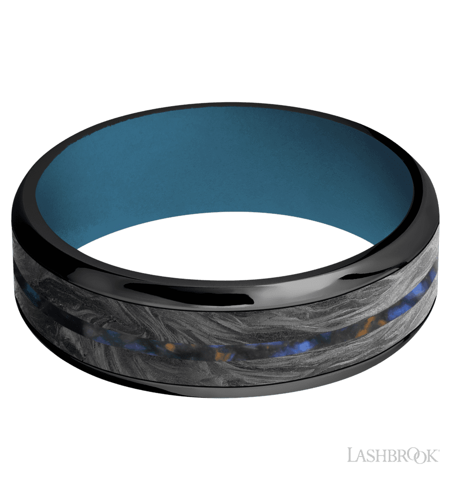 7 mm wide/Beveled/Zirconium band featuring inlays of Forged Carbon Fiber and Blue Tiger Eye also featuring a Royal Blue sleeve.