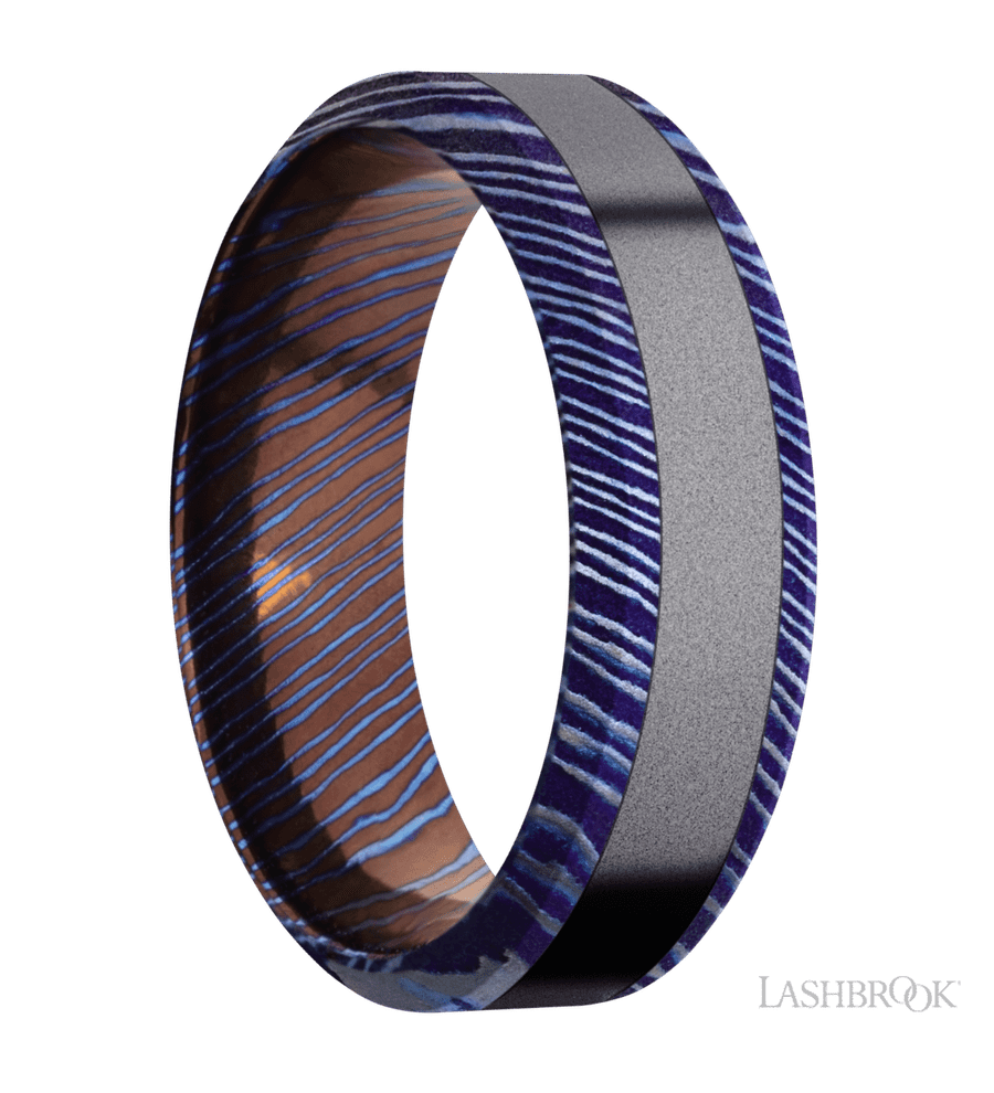 7 mm wide/High Bevel/Titanium Damascus band with one 3 mm Centered inlay of Tantalum.