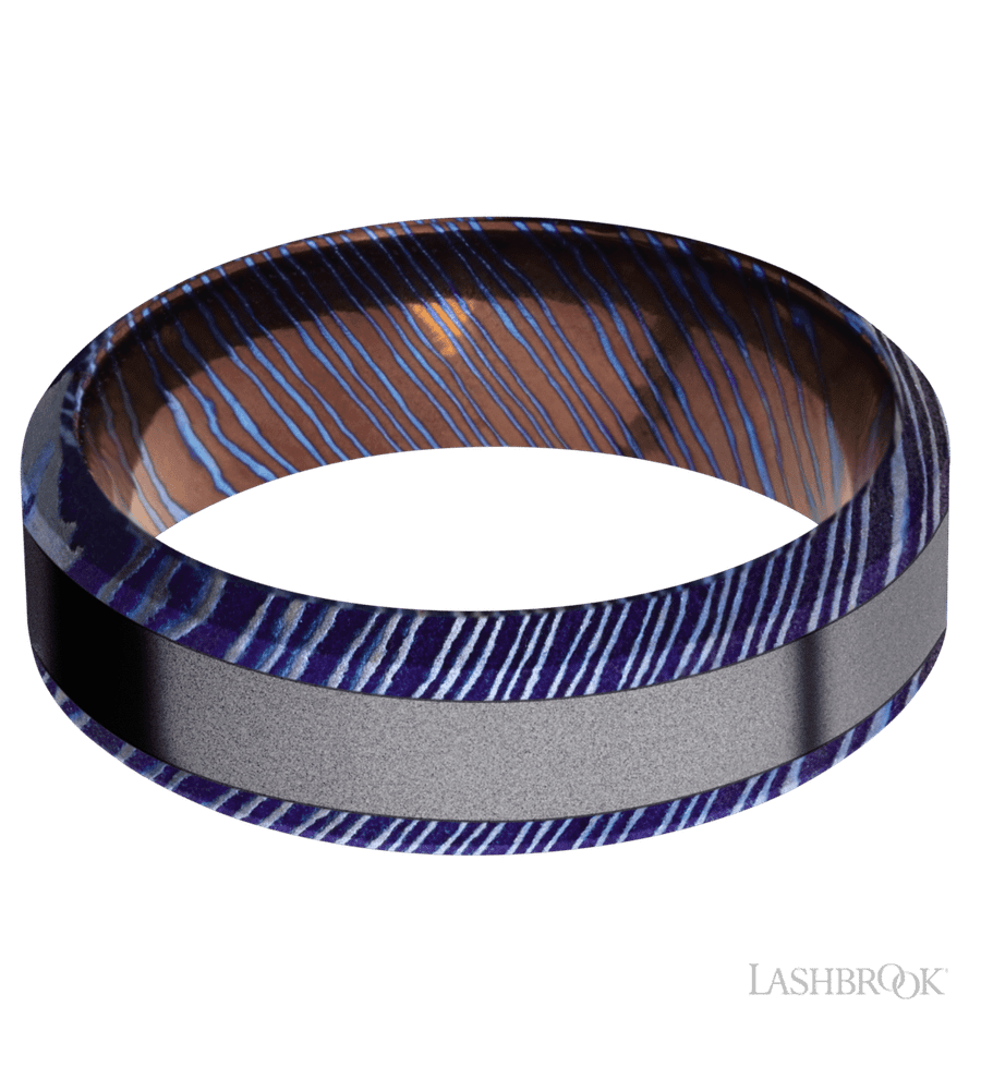 7 mm wide/High Bevel/Titanium Damascus band with one 3 mm Centered inlay of Tantalum.