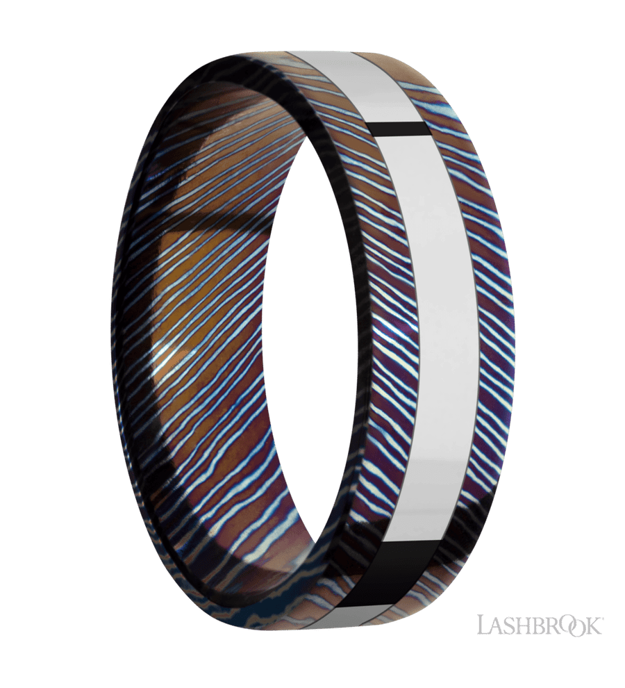 7 mm wide/Flat/Titanium Damascus band with one 3 mm Centered inlay of Cobalt Chrome.