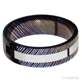 7 mm wide/Flat/Titanium Damascus band with one 3 mm Centered inlay of Cobalt Chrome.