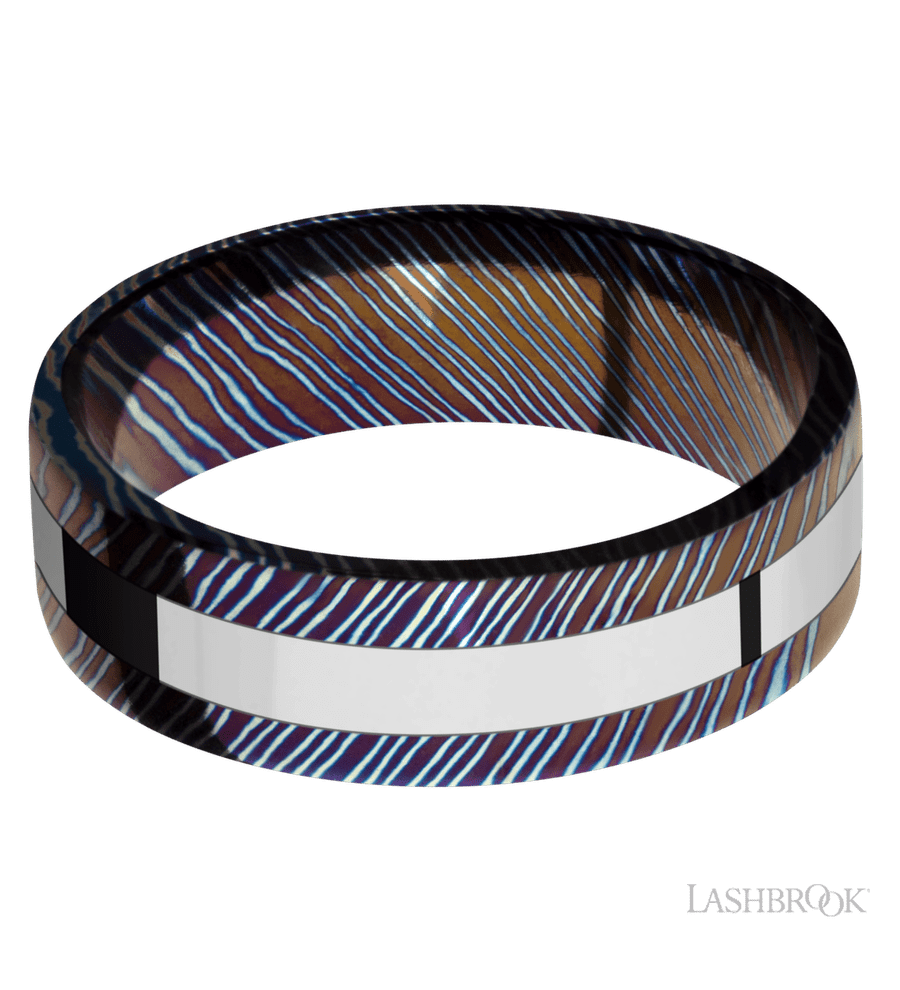 7 mm wide/Flat/Titanium Damascus band with one 3 mm Centered inlay of Cobalt Chrome.