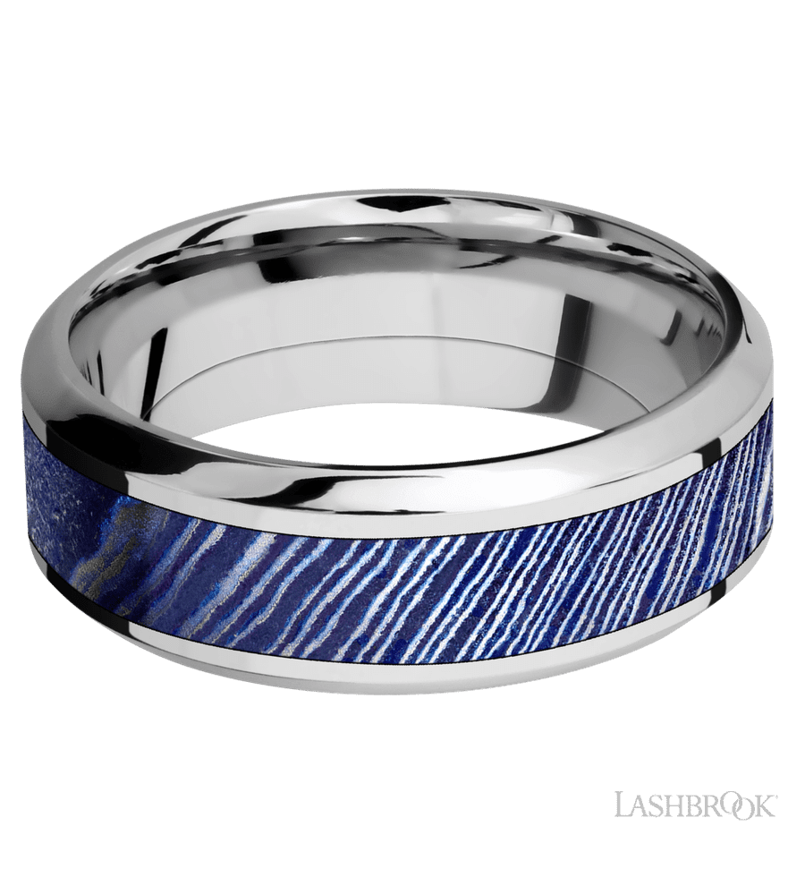 8 mm wide/High Bevel/Cobalt Chrome band with one 4 mm Centered inlay of Titanium Damascus.