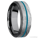 8 mm wide/High Bevel/Meteorite band with one 1 mm Centered inlay of Sea Blue also featuring a Tantalum sleeve.