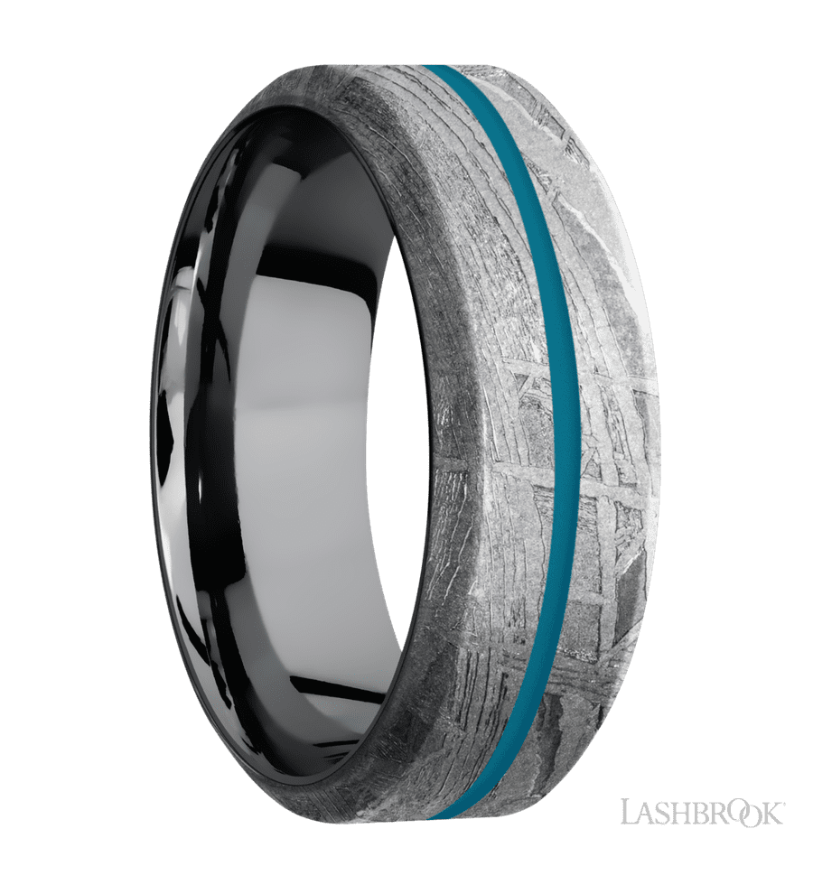 8 mm wide/High Bevel/Meteorite band with one 1 mm Centered inlay of Sea Blue also featuring a Tantalum sleeve.