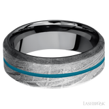 8 mm wide/High Bevel/Meteorite band with one 1 mm Centered inlay of Sea Blue also featuring a Tantalum sleeve.