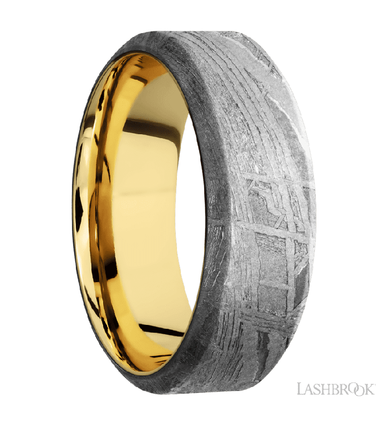 8 mm wide High Bevel Meteorite band featuring a 14K Yellow Gold sleeve.