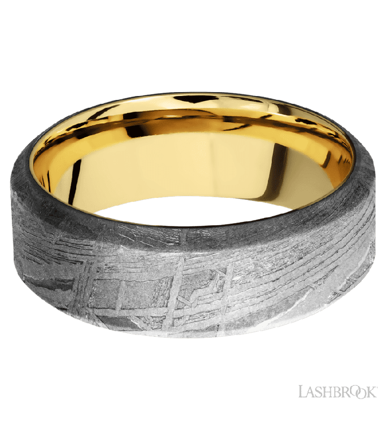 8 mm wide High Bevel Meteorite band featuring a 14K Yellow Gold sleeve.