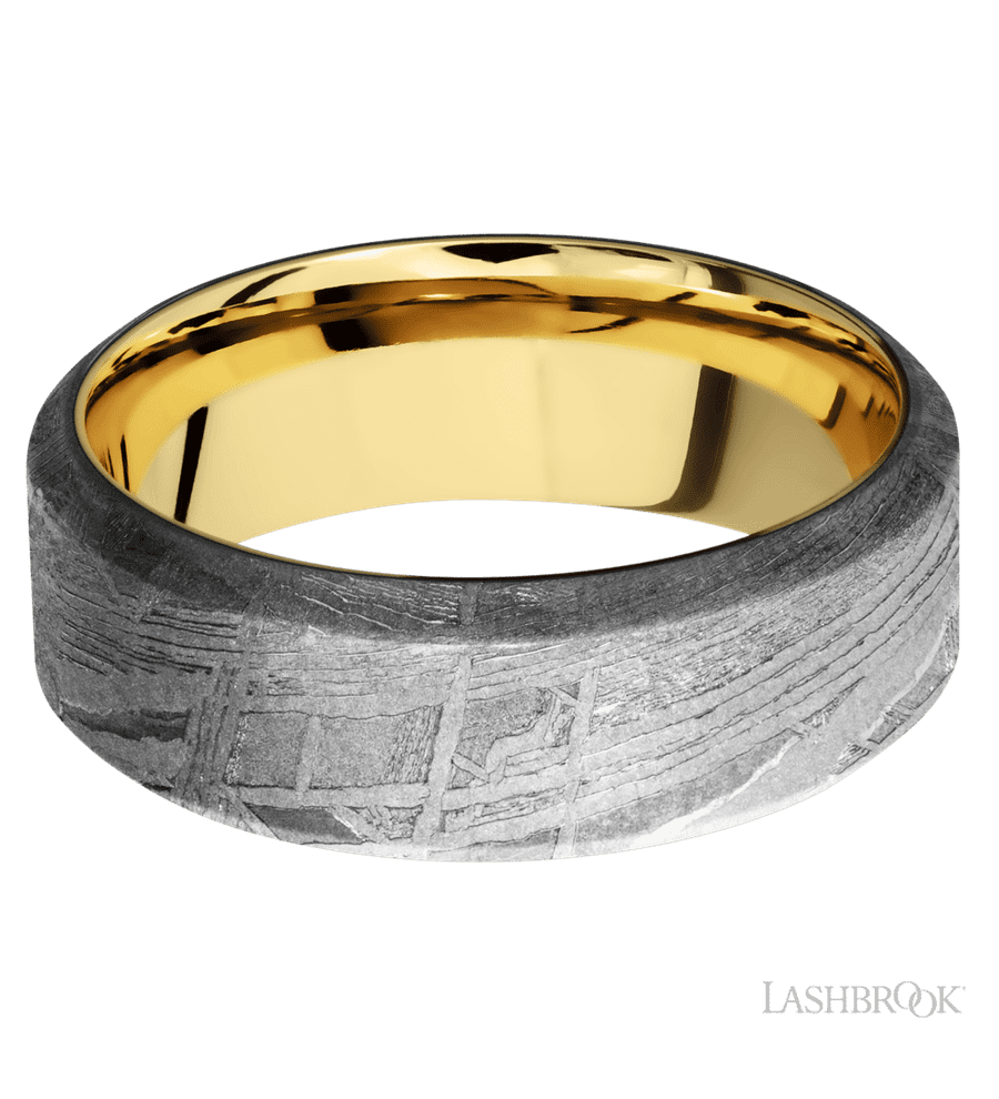 8 mm wide High Bevel Meteorite band featuring a 14K Yellow Gold sleeve.