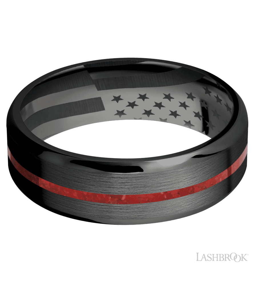 7 mm wide/Beveled/Zirconium band with one 1 mm Centered inlay of Coral.