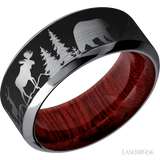 9 mm wide/High Bevel/Tantalum band with a laser carved Bear Moose Deer Mountain pattern also featuring a Blood Wood sleeve.