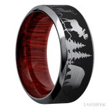 9 mm wide/High Bevel/Tantalum band with a laser carved Bear Moose Deer Mountain pattern also featuring a Blood Wood sleeve.
