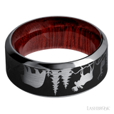 9 mm wide/High Bevel/Tantalum band with a laser carved Bear Moose Deer Mountain pattern also featuring a Blood Wood sleeve.