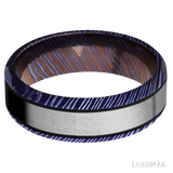 7 mm wide/Beveled/Titanium Damascus band with one 4 mm Centered inlay of Titanium.