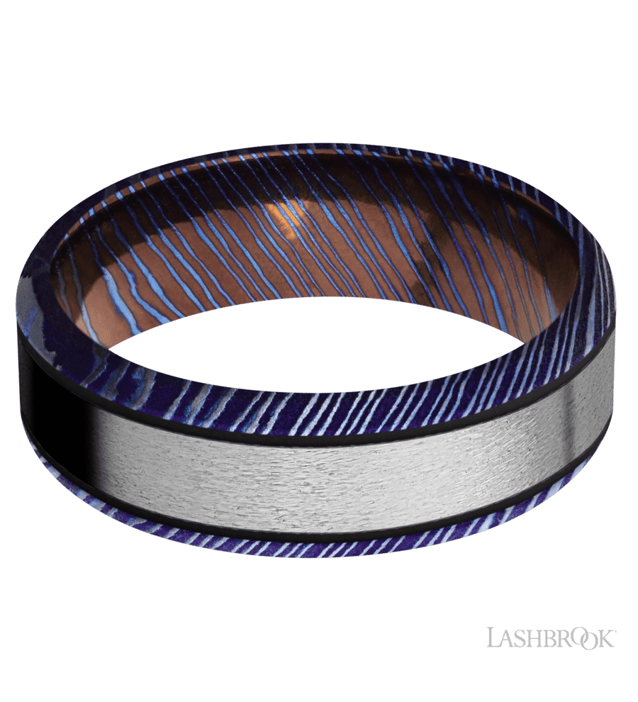 7 mm wide/Beveled/Titanium Damascus band with one 4 mm Centered inlay of Titanium.