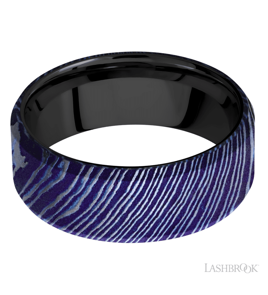8 mm wide Beveled Titanium Damascus band featuring a Zirconium sleeve.
