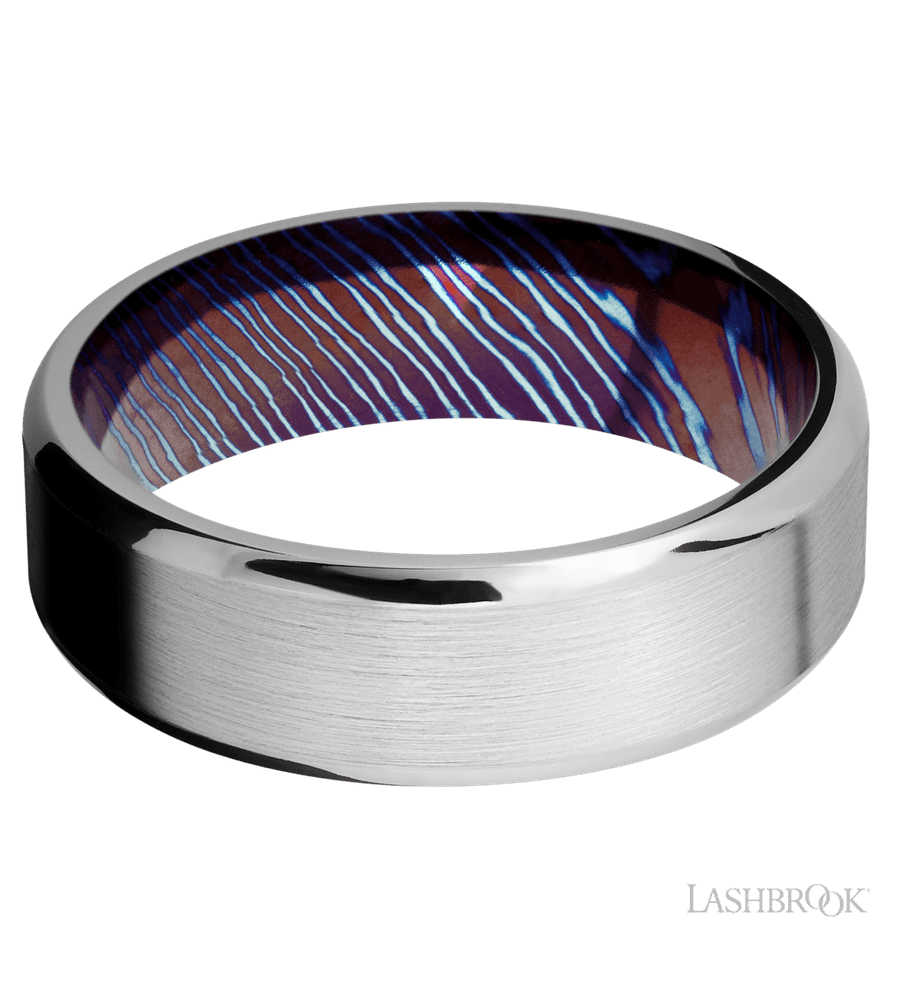 7 mm wide Beveled Cobalt Chrome band featuring a Titanium Damascus sleeve.