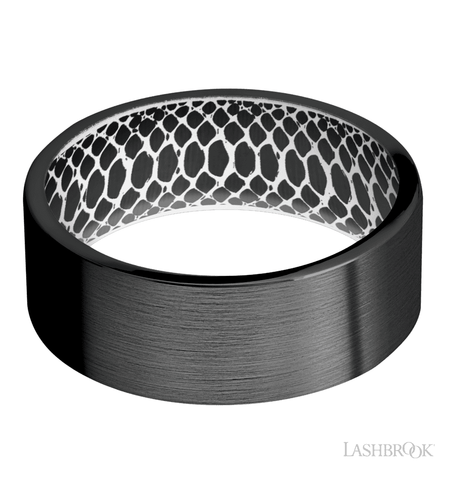 8 mm wide Flat Zirconium band featuring a White sleeve.