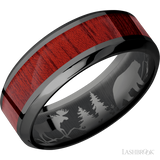 8 mm wide/High Bevel/Zirconium band with one 4 mm Centered inlay of Blood Wood.