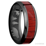 8 mm wide/High Bevel/Zirconium band with one 4 mm Centered inlay of Blood Wood.