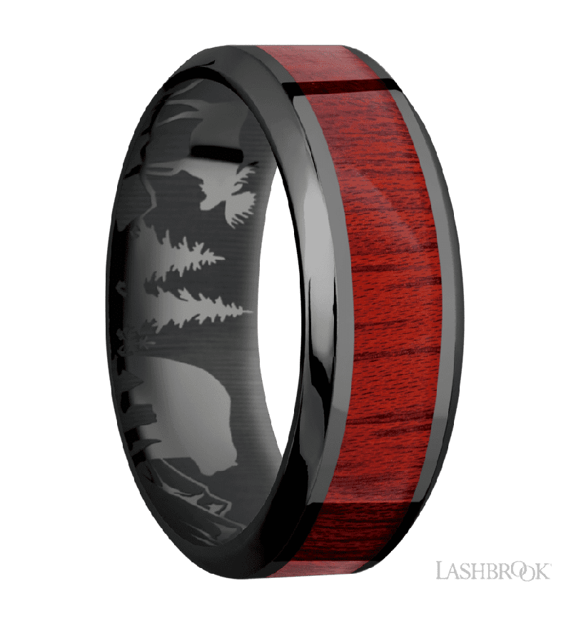 8 mm wide/High Bevel/Zirconium band with one 4 mm Centered inlay of Blood Wood.