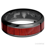 8 mm wide/High Bevel/Zirconium band with one 4 mm Centered inlay of Blood Wood.