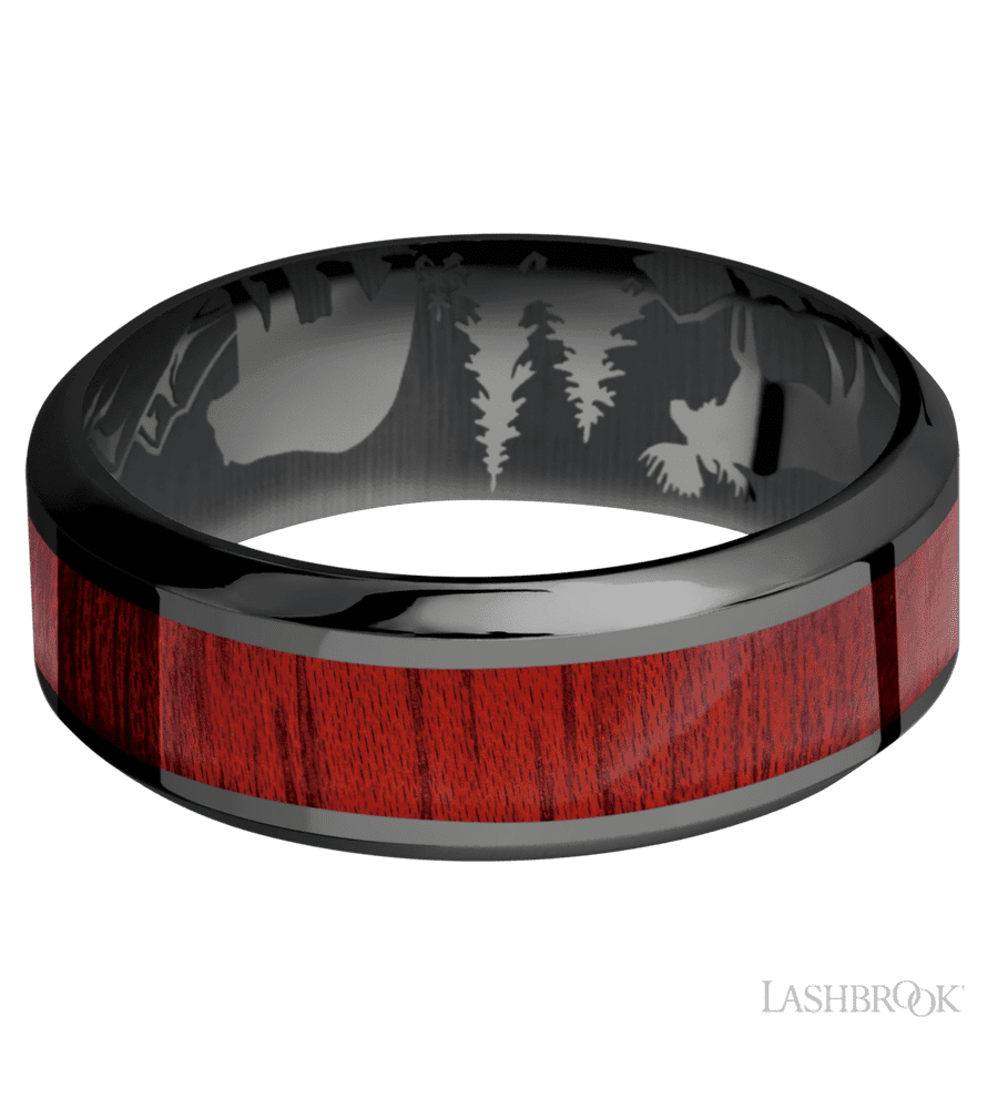 8 mm wide/High Bevel/Zirconium band with one 4 mm Centered inlay of Blood Wood.