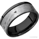 8 mm wide/Flat/Zirconium band with one 6 mm Off Center Edge inlay of Meteorite.