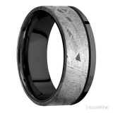 8 mm wide/Flat/Zirconium band with one 6 mm Off Center Edge inlay of Meteorite.