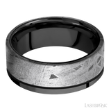 8 mm wide/Flat/Zirconium band with one 6 mm Off Center Edge inlay of Meteorite.