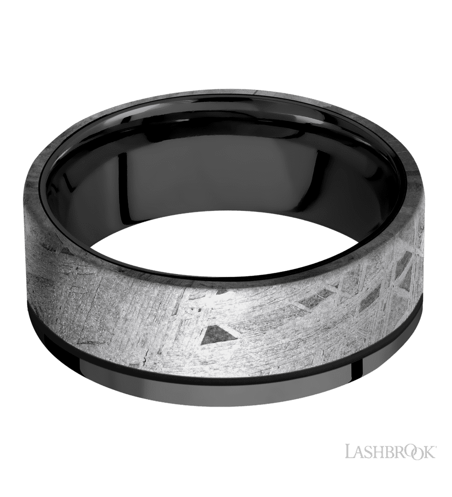 8 mm wide/Flat/Zirconium band with one 6 mm Off Center Edge inlay of Meteorite.