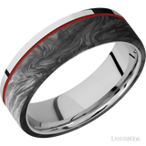 7 mm wide/Flat/Cobalt Chrome band with one 5 mm Off Center Edge inlay of Forged Carbon Fiber.