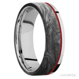 7 mm wide/Flat/Cobalt Chrome band with one 5 mm Off Center Edge inlay of Forged Carbon Fiber.