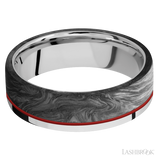 7 mm wide/Flat/Cobalt Chrome band with one 5 mm Off Center Edge inlay of Forged Carbon Fiber.