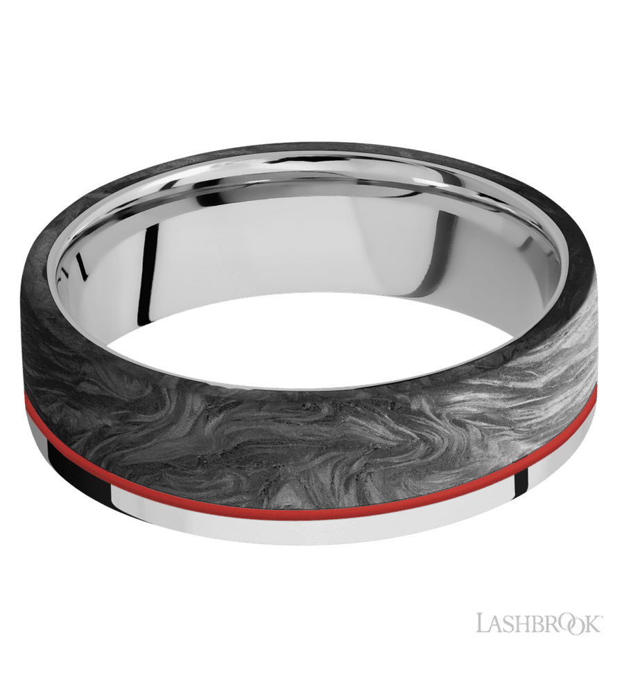 7 mm wide/Flat/Cobalt Chrome band with one 5 mm Off Center Edge inlay of Forged Carbon Fiber.