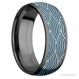 8 mm wide/Domed/Zirconium band with one 6 mm Centered inlay of Cobalt Chrome with a laser carved Navigator pattern.