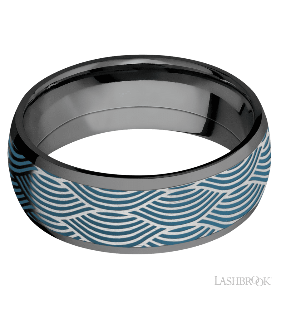 8 mm wide/Domed/Zirconium band with one 6 mm Centered inlay of Cobalt Chrome with a laser carved Navigator pattern.