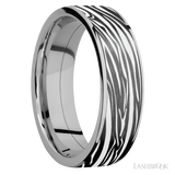 7 mm wide/Flat/Titanium band with one 6 mm Centered inlay of Zirconium with a laser carved Zebra pattern.