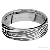 7 mm wide/Flat/Titanium band with one 6 mm Centered inlay of Zirconium with a laser carved Zebra pattern.
