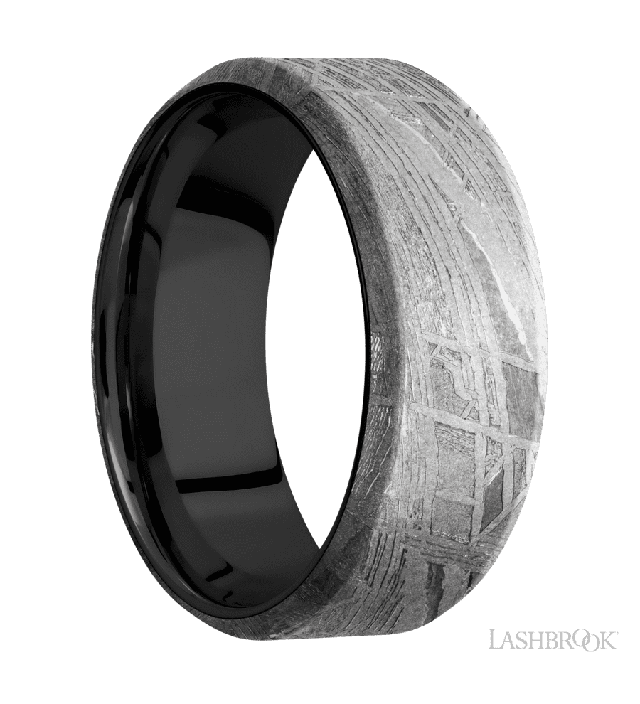 8 mm wide Beveled Meteorite band featuring a Zirconium sleeve.
