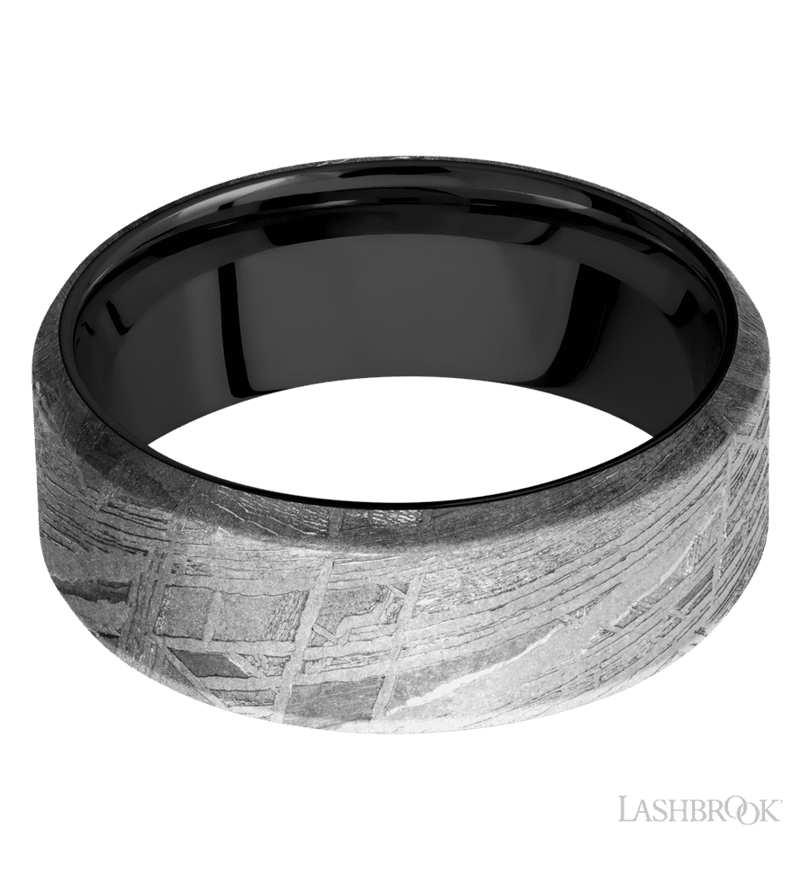 8 mm wide Beveled Meteorite band featuring a Zirconium sleeve.